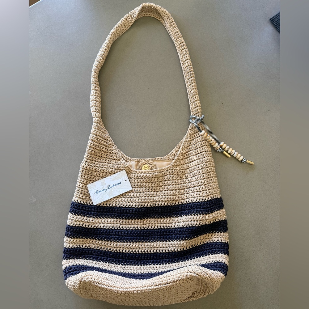 Tommy Bahama Beige & Navy Crochet Shoulder Bag W/ Beaded Shell Accent | New